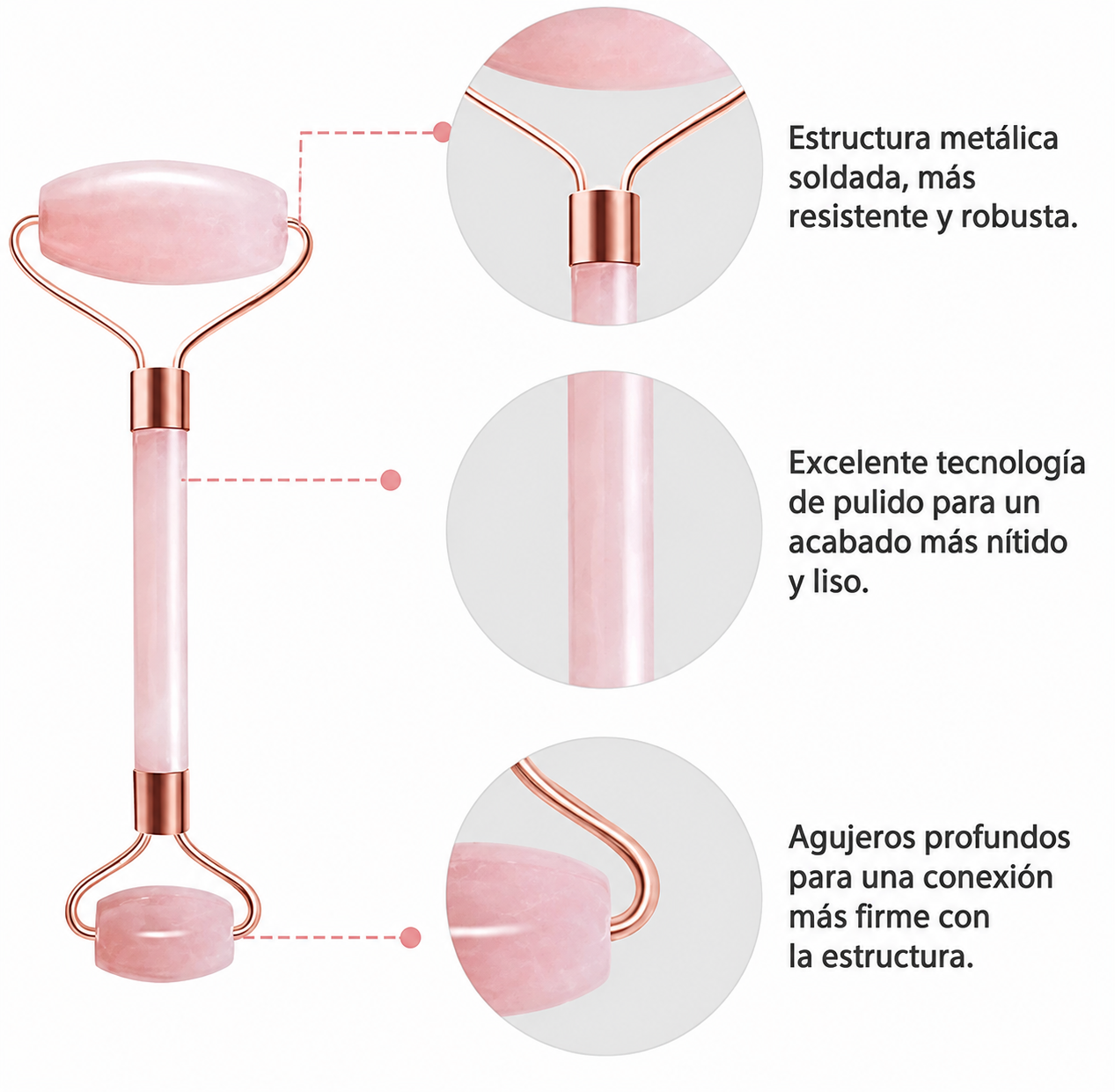 Roller Cuarzo Rosa Facial — Masaje Antiinflamatorio, Drenaje Linfático y Piel Luminosa