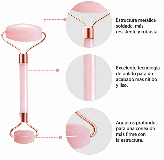 Roller Cuarzo Rosa Facial — Masaje Antiinflamatorio, Drenaje Linfático y Piel Luminosa