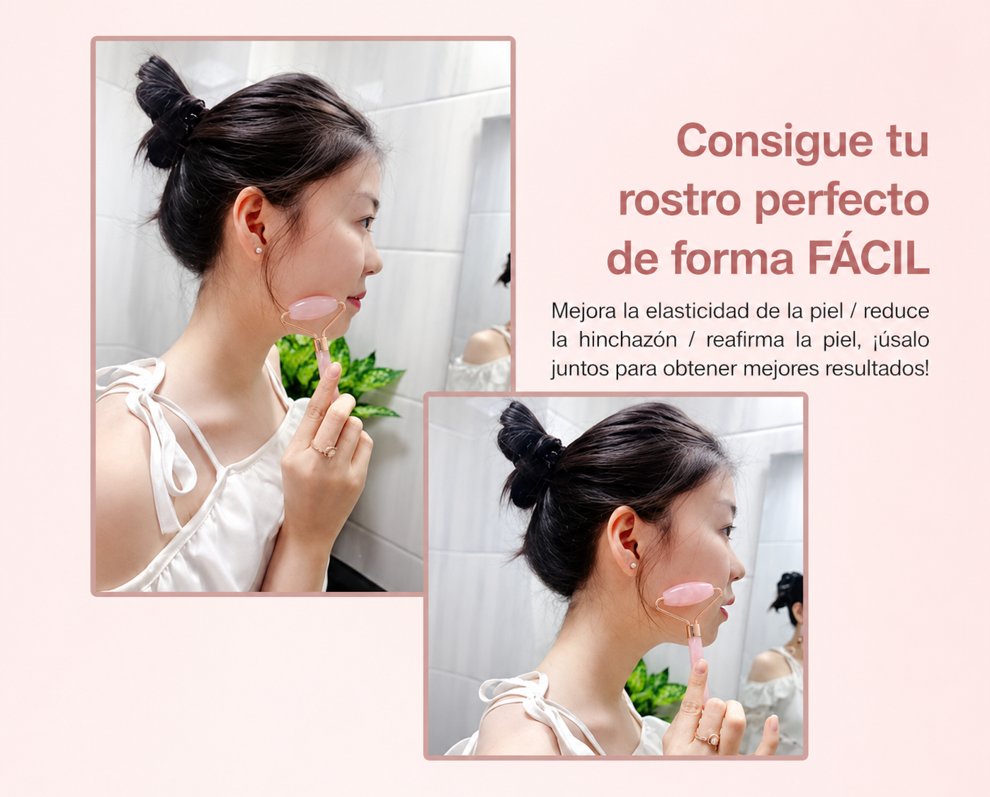 Roller Cuarzo Rosa Facial — Masaje Antiinflamatorio, Drenaje Linfático y Piel Luminosa